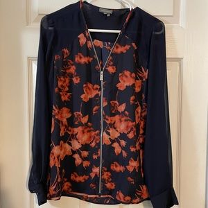 Vince Camuto Floral Shirt in Red And Navy Blue Sheer Sleeves Zipper
